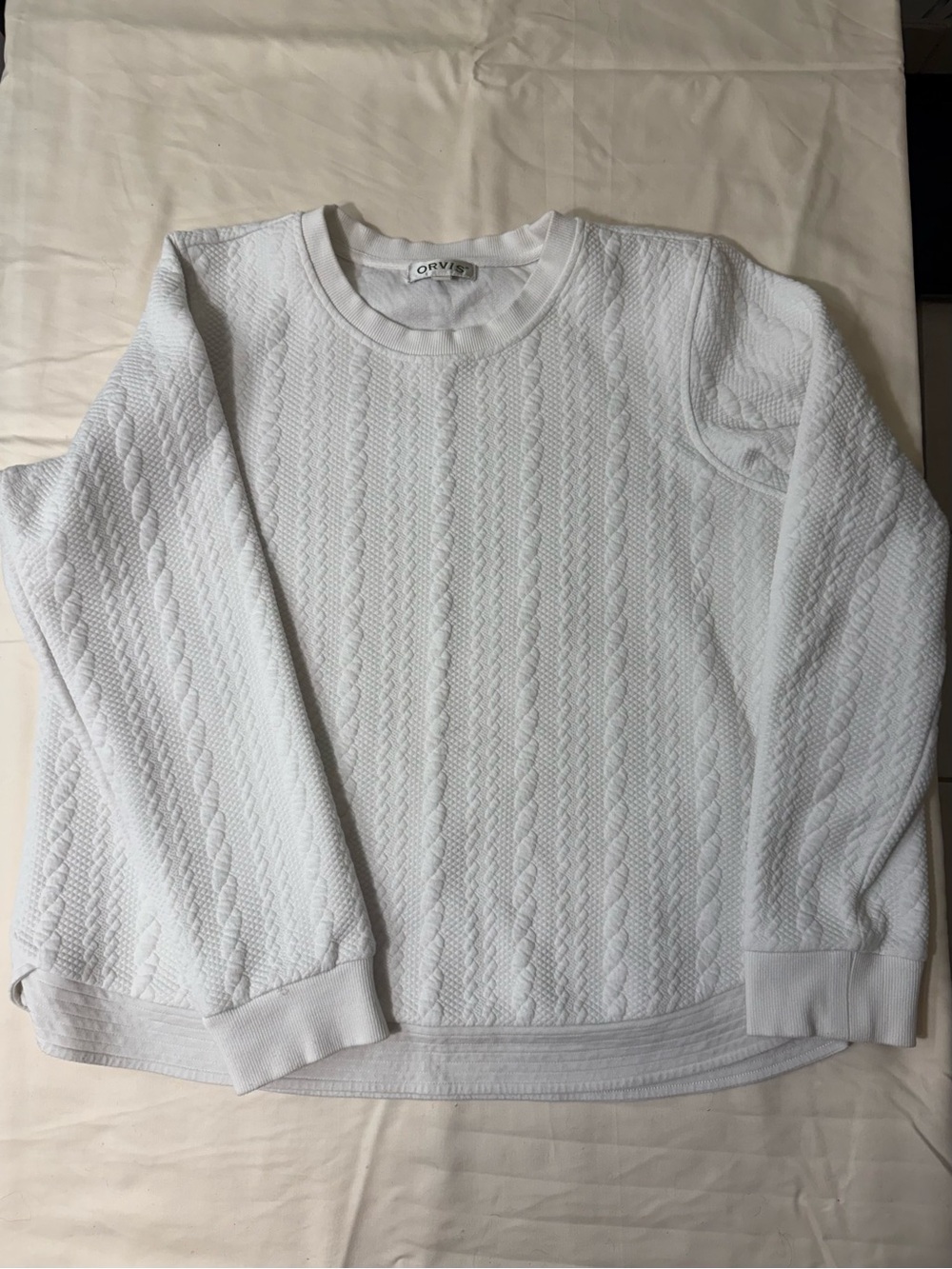 Orvis White Cable-Knit Crewneck Pullover